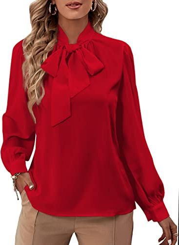 Rooscier Women's Bow Tie Neck Long Sleeve Buttton Cuff Chiffon Elegant Business Dressy Casual Blouse Shirt Red Large
