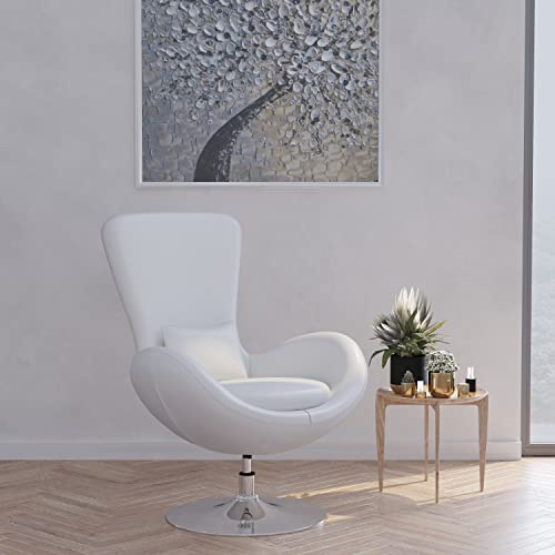 Merrick Lane Soro High-Back Egg Style Lounge Chair - Modern White Faux Leather Upholstery - 360° Swivel Chrome Base