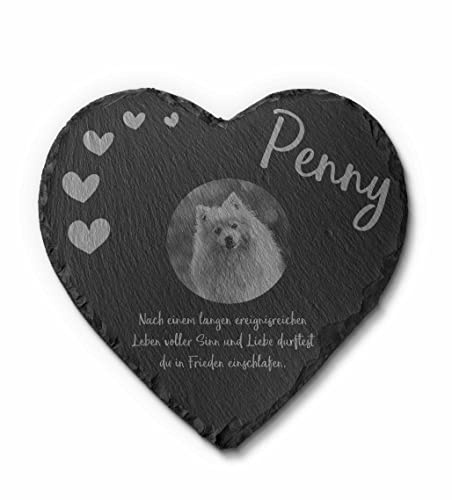 CHRISCK design Schiefer Gedenkstein für Hunde & Katzen in Herz Form mit Foto & Gravur - Großer Tier Grabstein Hund & Katze - wetterfest imprägnierte Gedenktafel für Tiere - Grabdeko Tiergrab
