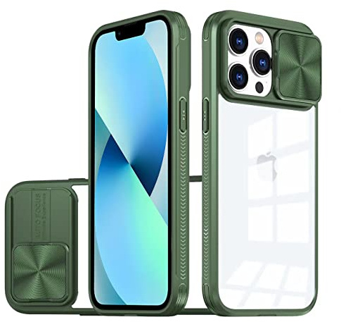 LIUKM Cover per iPhone 13 Custodia, Scorrevole Protezione Fotocamera Ultra Sottile Leggero Hard PC Back Cover e TPU Bumper Protettiva Case [Antiurto Antiscivolo AntiGraffio] - Verde scuro
