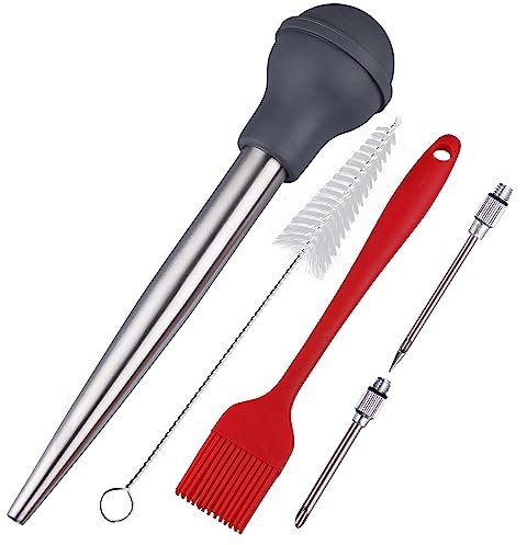 Kalsreui Baster, 18/8 Edelstahl Truthahn-Bratenspritze zum Kochen, Fleischinjektor-Braten-Set mit 2 Nadeln & 2 Reinigungs-Backpinsel, Bratpfanne für Geschmack Fleisch Geflügel, Rind & Huhn Grau