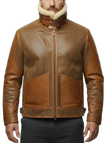 FLAVOR Chaqueta de Cuero Tipo Bomber para Hombre Abrigo Aviador de Invierno con Forro Cálido de Piel (Marrón, L)