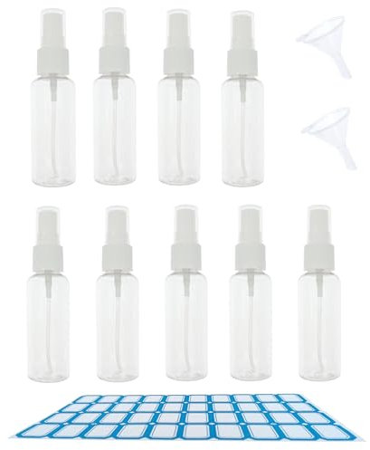 ZHIYE 9PCS Spray Bottle, 50ml Plastic Refillable Spray Bottle Clear Empty Fine Mist Atomiser Travel Bottle with Funnel and Labels for Cleaning Make-up Cosmetic Hair