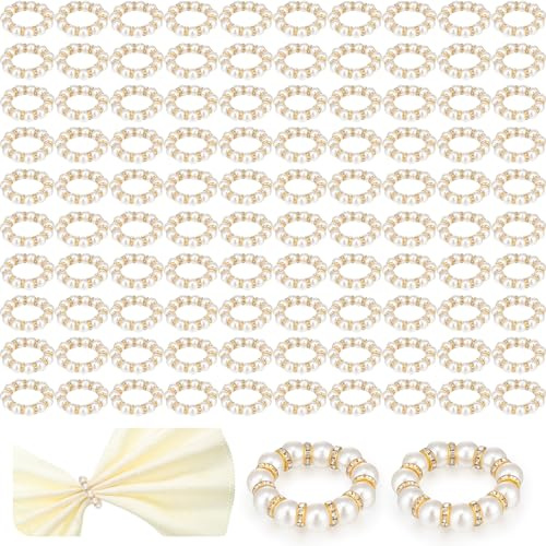 Tanlade 50 Pcs Wedding Pearl Napkin Rings Imitation Pearl Beaded Napkin Rings Holder Silver White and Gold Elastic Dinner Table Decor Rhinestone Serviette Rings for Table Party Decorations