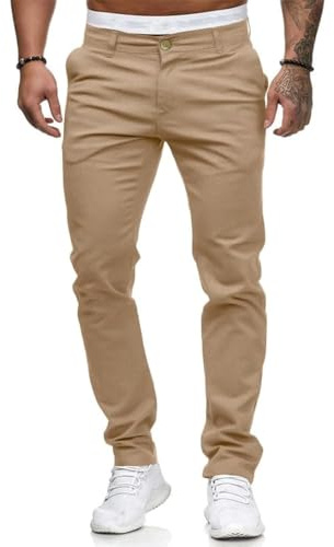 HUNGSON Mens Chinos Slim Fit Stretch Flat-Front Skinny Dress Pants (Light Khaki,34W*32L)