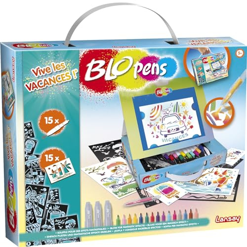 Lansay - Blopens Valisette Vive Les Vacances - Set de Dessin - Dès 5 Ans | Coloriage à Souffler - 15 Mini Feutres, 3 Coques, 15 Pochoirs et 15 Feuilles - Léger et Facile à Transporter - Motricité Fine