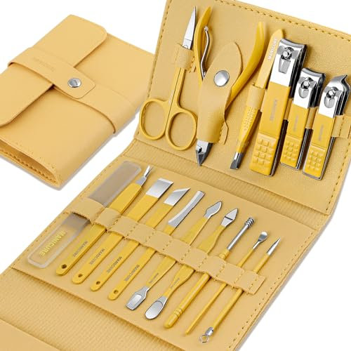 Leipple Maniküre Set 16 stücke Professionelles Nagelknipser Kit Pediküre Kit - Pflegeset aus Edelstahl Nagelpflege Werkzeuge mit luxuriöser Leder Reisetasche (Gelb)