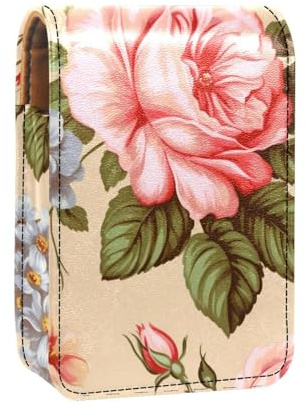 Travel Lipstick Organizer Case,Lipstick Case Portable Makeup Bag with Mirror,Vintage Flowers Leaves Pink Plant