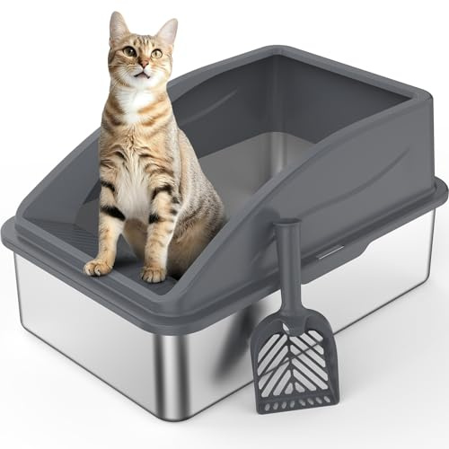 FURTIME Stainless Steel Cat Litter Tray Grey, Cat Litter Box, 58x37x26cm | with Detachable Enclosure, 26cm High Sided Anti-Spillage and 58cm Extra Large Litter Tray for All Cats, with Litter Scoop