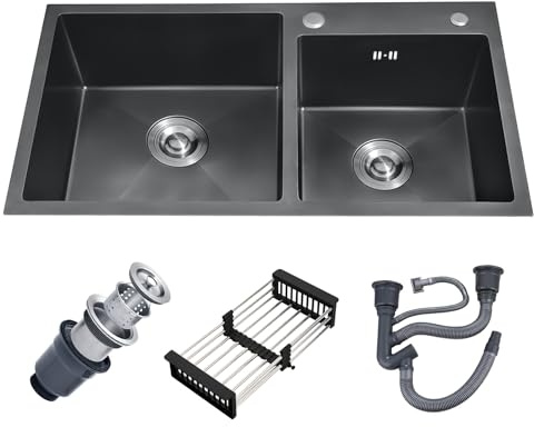 Vivrhintty 30-inch Black Kitchen Sink, Double Bowl Drop-in/Top-Mount 304 Stainless Steel with Nano Coating, Includes Drain Assembly & Fruit Basket for Modern Kitchen (30.7 x 16.9)