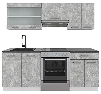 Vicco Küchenzeile R-Line, Beton/Weiß, 200 cm | 5 Module · Höhenverstellbare Füße · AP Anthrazit inkl. · Robuste Fronten · Mit Glasschrank · Frei kombinierbar