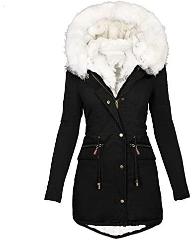 Keepink Winter Coats for Women UK Plus Size 8-22 Ladies Thick Fleece Lined Jackets Full Zip Warm Outdoor Hooded Outerwear Elegant Parka Coat with Fuffly Hood Long Cardigan Overcoat