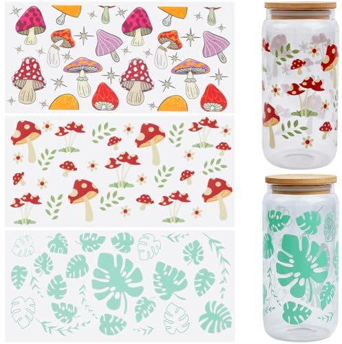 SOFPLATE 1 Box 6 Bögen 3 Stile Transferfolien Für Glasbecher UV TDF Becherfolien UVDTF Transferaufkleber Blumen Und Pilz Motive Wasserfeste Aufkleber Für Trinkbecher Wasserflaschen Dekorationen DIY B