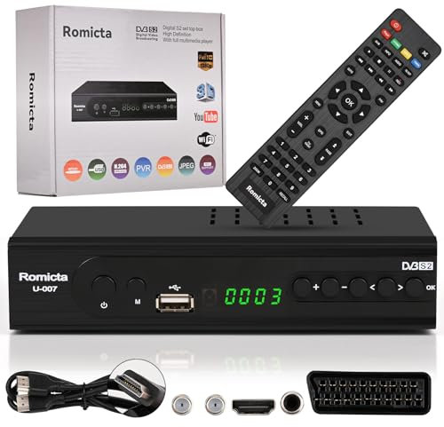 Romicta Ricevitore HD per satelliti, ricevitore satellitare con HDMI, DVB-S/S2, PVR, EPG, SCART, lettore multimediale USB, HDTV, YouTube, Meteo, Nero - HDTV satellitare