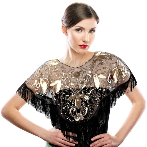 GADITIEK Bufanda de mujer, accesorios de los años 20, bufanda con lentejuelas y flecos, mantilla de noche vintage de los años 20, estola para disfraz de fiesta retro Gatsby, Oro negro., Talla única