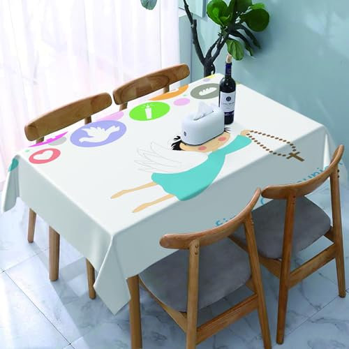 YOIUE Tischdecke Abwaschbar Rechteckig,137x183cm,Polyester Tischtuch Tafeldecke Ornamente Schmutzabweisend Pflegeleicht,Taufe, Junge, Erstkommunion, Schrift, Schild, Weintrauben, Kelch, Kerze, Brot