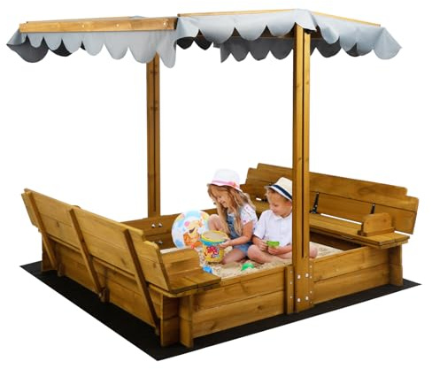 Wooden Kids Sandbox with Lid, Outdoor Sand Box with Canopy and Two Foldable Bench Seats, Sandbox with Cover for Play, Backyard, Gift for Kids Aged 2-8, Bottom Liner & Adjustable Cover, 47''