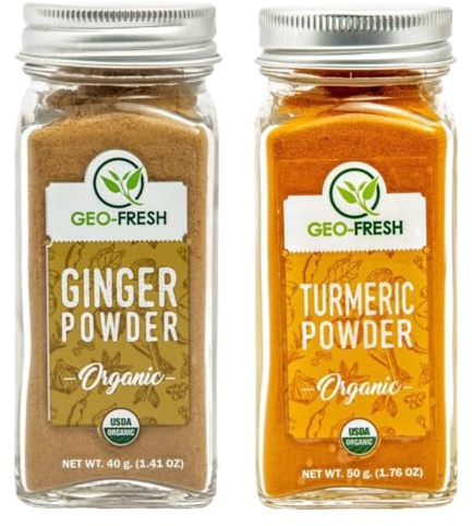 Geo-Fresh Organic Ginger Powder 1.4 oz & Organic Turmeric Powder 1.76 oz - Ground Ginger & Turmeric - Pure, Non-GMO, No Additives, USDA Certified