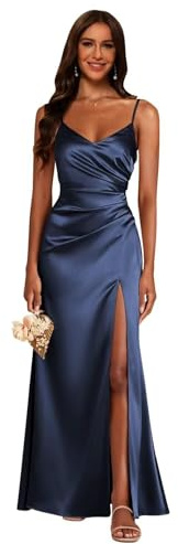 HAIBFJIN Damen Satin Brautkleider mit Schlitz Lange Abendkleider Elegant Schulterfrei Meerjungfrau Ballkleider