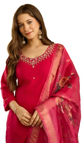 The Red Lion Enterprise Women's Designer dress Straight Kurti pant dupatta 3pc set partywear Salwar Suit, Pink-04, S