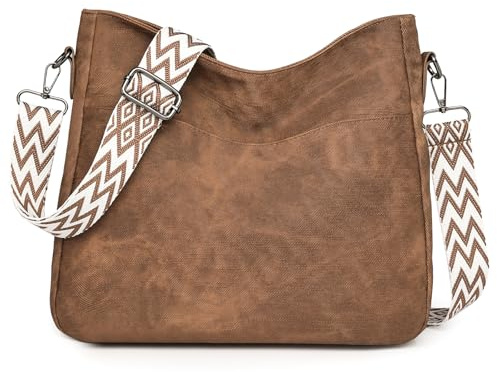 Outplea Bolso Bandolera para Mujer Boho, Bolso Cruzado Hobo Vintage con Correa Ancha Ajustable, Bolsa Shopper con Cremallera para Uso Diario Universidad Vacaciones, Marrón