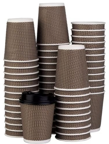 200 x 10oz Disposable Ripple Brown Kraft Triple Walled Paper Cups with LiDS (for Tea, Coffee, Cappuccino Hot Drinks, Takeaway & More)