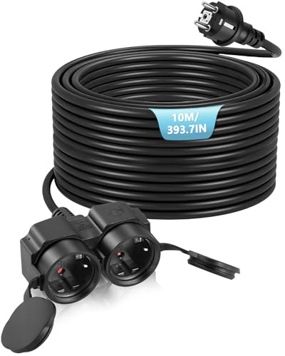 BOSYTRO Rallonge électrique avec Deux Prises et couvercles Anti-poussière, Prise extérieure étanche, rallonge avec Prise intérieure/extérieure, Puissance maximale 3500 W, 16 A 250 V, IP44,10m