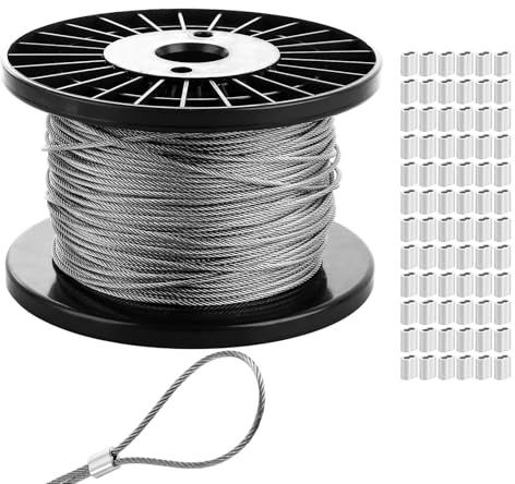 WENLISELL Fune metallica in acciaio inossidabile 304, 100 m, 2 mm, con anello di crimpatura in alluminio, 7 x 7 fili, cavo metallico per giardino, recinzione, sospensione
