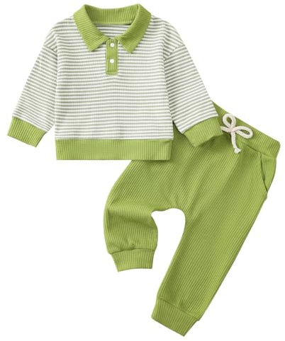 LUVCES Set di Vestiti per Neonati Bambini Felpa a Righe con Colletto a Maniche Lunghe e Pantaloni 2 Pezzi Completo Primavera Autunno Abiti Strisce verdi 12-18 Mesi