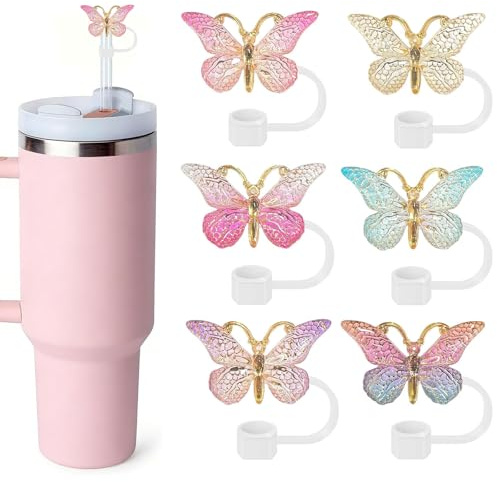 Floruvia 6 Stück Schmetterlings Strohhalm-Abdeckungen, Glitzer Silikon Strohhalm Kappen Wiederverwendbare Tumbler Zubehör,Staubdichte Trinkhalm Dispenser Kappen