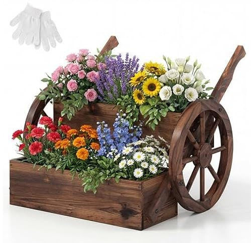 GOPLUS Jardinière sur Pieds à 2 Étagères en Bois de Sapin, Carré Potager avec Trous de Drainage, 2 Roues Charrette Demi Décoration, 64x54x50 CM, Herbe, Fleur pour Terrasse, Balcon, Jardin, Marron