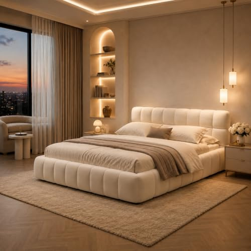 LKPOMI Bubble Bett 140x200 Beige, Bett 140x200 mit Lattenrost, Polsterbett Doppelbett mit Gepolstertes Kopfteil, Jugendbett Bettgestell für Schlafzimmer, Leinen, ohne Matratze (Beige 3, 140 x 200 cm)