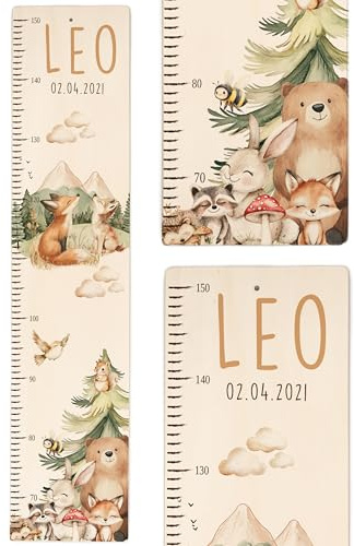 Kidsmood - Personalisierte Messlatte Kinder aus Holz – Hochwertige Messleiste & Wand-Deko für Baby- & Kinderzimmer mit abenteuerlichem Fuchs – Tolles Taufgeschenk für Mädchen & Jungen - Skala 65-140cm