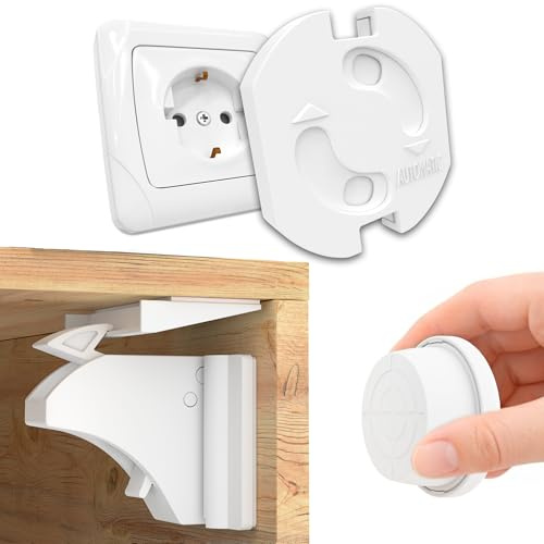 Magnetische Kindersicherung 12 Schlösser + 3 Schlüssel & 20x Steckdosen-Kindersicherung - Schranksicherung und Schubladensicherung – Steckdosensicherung mit Drehmechanik