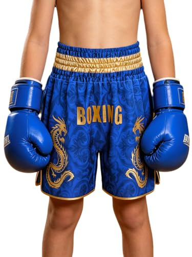 inhzoy Niño Traje Boxeo Tailandés Shorts MMA Lucha Combate Calzoncillos Azul 13-14 años