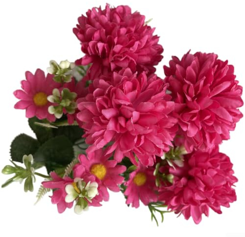 Generisch Crisantemi artificiali 7 rami realistici per fiori decorativi | 4 fiori grandi e 3 piccoli, volume naturale, consistenza realistica, ideale per vasi (rosso rosa)