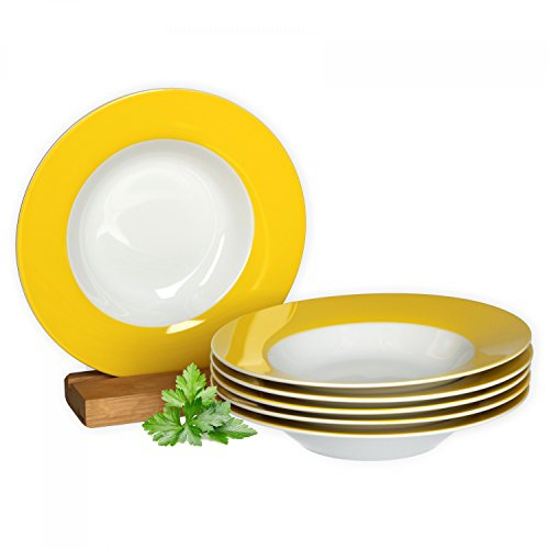 Van Well Vario Suppenteller-Set 6-teilig - Tiefe Pasta-Teller 21,5 cm - Porzellan-Set weiß mit Rand in Gelb - Mikrowellengeeignet