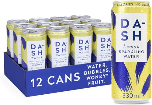Agua DASH Limón- 12 x Agua mineral natural con gas sabor Limón- Sin azúcar, sin edulcorantes, sin calorías - (12 latas x 330ml)
