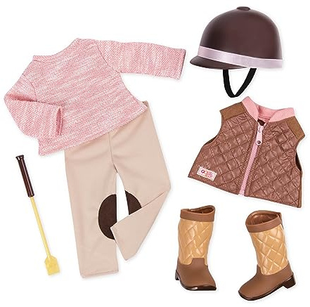 Our Generation 18-Inch Doll Riding In Style Equestrian Outfit, Outfits | 18-inch doll riding outfit with sweater, quilted vest, jodhpur-style pants, boots, helmet, and riding crop, Outfits, 5+ Years
