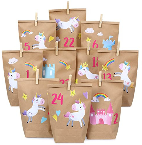 Papierdrachen Adventskalender 2025 zum Befüllen- Kraftpapier Set mit 24 braunen Papiertüten & Einhorn-Stickern - inkl. Klammern - Weihnachten