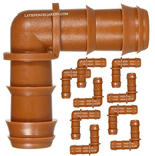 Suinga Pack 10 Codo Riego por Goteo 16mm Marron | Codo conector tuberia 16 mm | Enlace Acodado de Goteo para Manguera de Riego 16mm | Riego por Goteo para Tubo 16