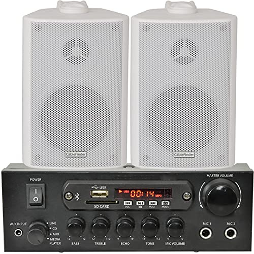 Loops Office/Shop Bluetooth Music System | SMART HOME Stereo Amp | 2x vita väggmonterade högtalare & 110 W HiFi Amp | Trådlös bakgrund musikspelarkit | Echo/Alexa | CD-spelare FM-radiomottagare