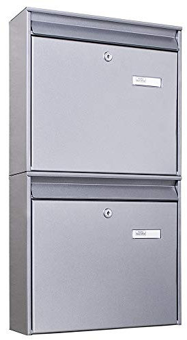 banjado Burg-Wächter Briefkastenanlage - Briefkasten 2 Parteien Silber - Doppelbriefkasten - Postkasten Mehrfamilienhaus - Briefkasten XXL mit Namensschild - Briefkästen