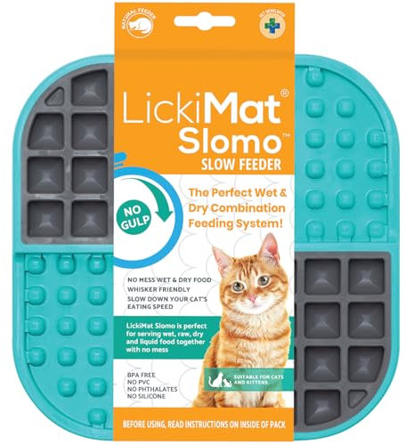 LickiMat Slomo, Cat Slow Feeder Lick Mat, Boredom anxiety reducer; perfect for food, treats, yogurt, or peanut butter. Fun Alternative to a Slow Feed Cat Bowl or Dish, Turquoise
