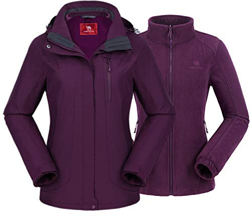 CAMEL CROWN Damen Skijacke Wasserdicht 3 in 1 Winterjacke Winddicht Warm Fleece Kapuze Snowboard Berg Schneemantel, deep purple, Medium