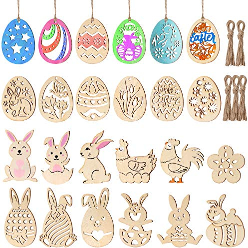 Toyvian Ostern Handwerk Holz Ornamente, 48 Stück Ostern Dekorationen Unvollendete Hase Schmetterling DIY Holzscheiben Mit Loch Und 50 Hanfseilen für Basteln Party Dekoration Osterholzschmuck