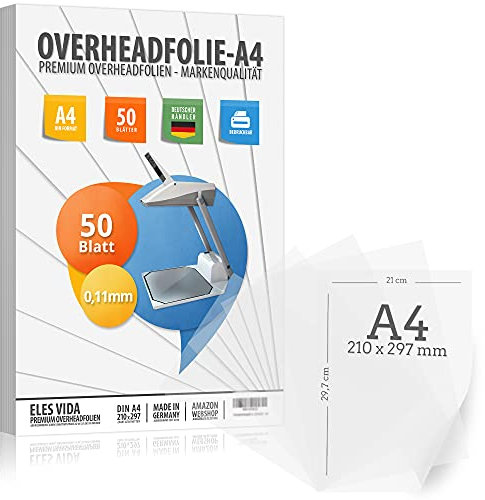 50 fogli di pellicola Lucidi per lavagna luminosa PREMIUM - DIN A4 trasparente - Per stampanti laser, fotocopiatrici - Pellicole OHP extra spesse - Stampa e proiezione di alta qualità