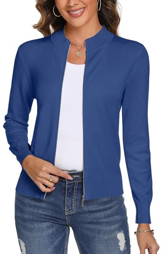 Aottori Knitted Cardigans for Women UK Zip Up Basic Jacket Long Sleeve Open Front Cardigan Lightweight Casual Knitwear Denim Blue L