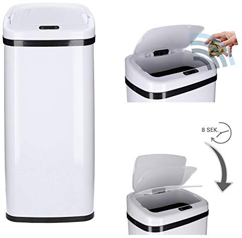 Pattumiera con sensore da 30 l, 40 l, 50 l, in acciaio inox laccato, antiruggine, apertura e chiusura automatica (bianco, 30 litri)
