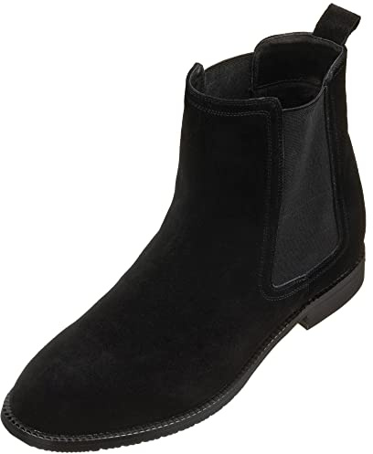 CALTO Osynliga höjdökande hissskor för män – mocka läder slip-on Chelsea-stövlar – 7 cm längre, Svart, 45 EU